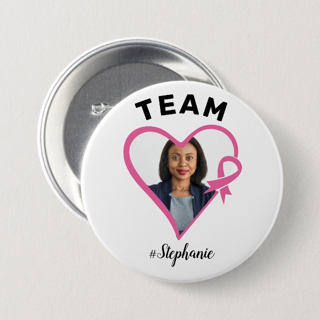 Custom Team Support Pink Ribbon Heart Photo Button (Front & Back)