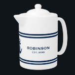 Custom teapot with nautical anchor and navy stripe<br><div class="desc">Custom teapot with nautical anchor and navy stripes. Add your own family name,  established date year or quote. Unique wedding gift ideas for newly weds,  couple,  bride and groom,  husband and wife etc. Stylish typography template with maritime icon. Blue and white color combo.</div>