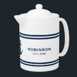 Custom teapot with nautical anchor and navy stripe<br><div class="desc">Custom teapot with nautical anchor and navy stripes. Add your own family name,  established date year or quote. Unique wedding gift ideas for newly weds,  couple,  bride and groom,  husband and wife etc. Stylish typography template with maritime icon. Blue and white color combo.</div>