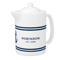 Custom teapot with nautical anchor and navy stripe