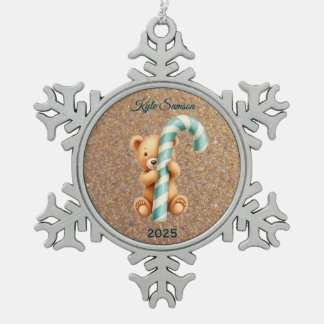 Custom Teddy Bear And Blue Candy Cane  Snowflake Pewter Christmas Ornament
