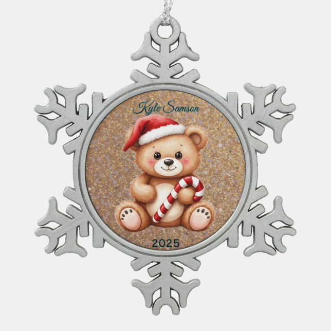 Custom Teddy Bear And Candy Cane  Snowflake Pewter Christmas Ornament (Front)