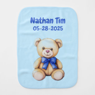 Custom Teddy Bear Baby Boy Name & DOB   Burp Cloth