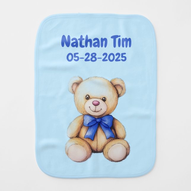 Custom Teddy Bear Baby Boy Name & DOB   Burp Cloth (Front)