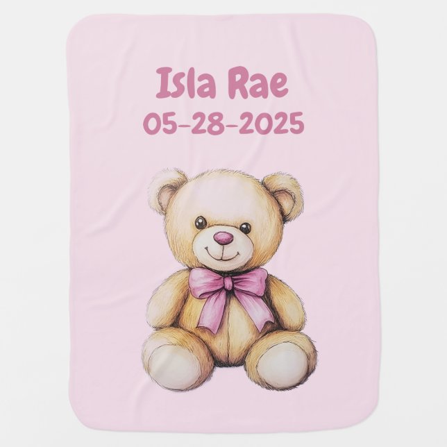 Custom Teddy Bear Baby Girl Name & DOB   Baby Blanket (Front)