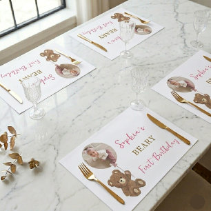 Custom Teddy Bear First Birthday Paper Placemats