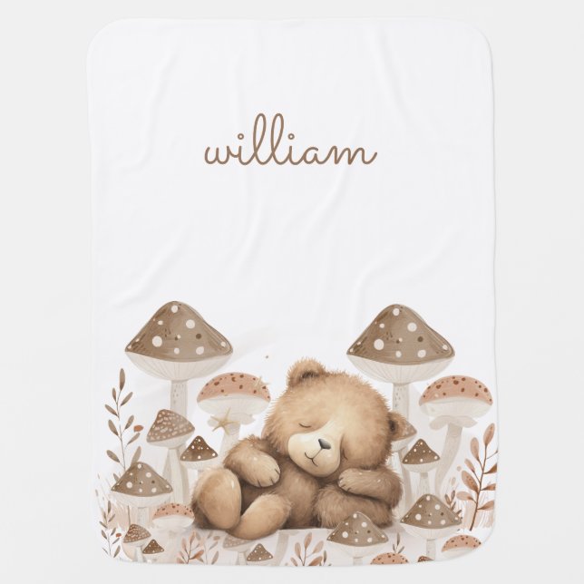 Custom Teddy Bear Forest Mushrooms Nursery Baby Blanket (Front)