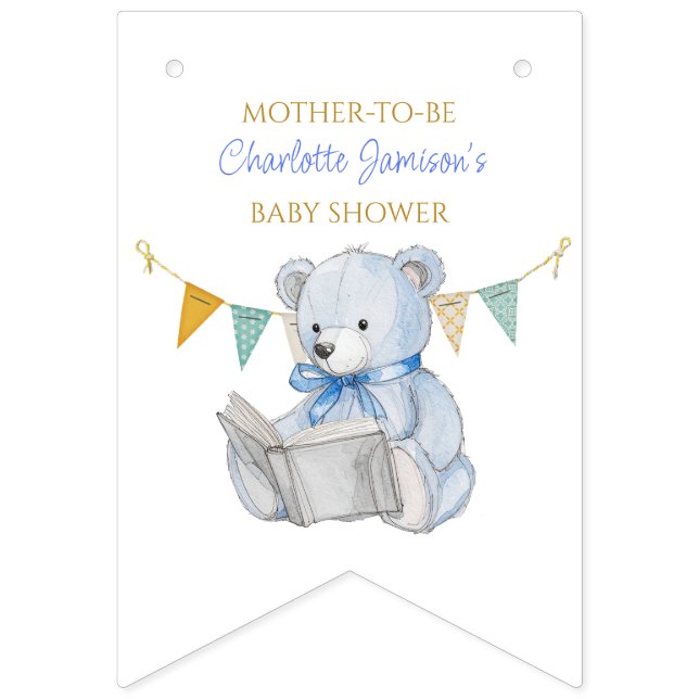 Custom Teddy Bear reading a book Baby Shower Bunting Flags (First Flag)
