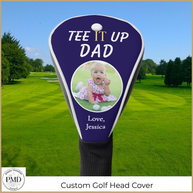 Custom Tee It Up Dad Photo Navy Blue Golf Head Cover (Custom Tee It Up Dad Photo Navy Blue Gold Head Cover with Child or Pet Photo, Name.)