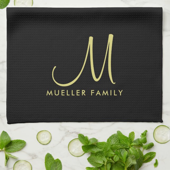 Custom Template Black Gold Monogram Family Name Kitchen Towel (Folded)