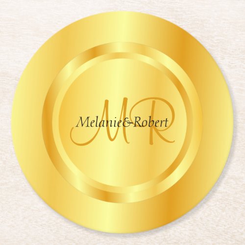 Custom Template Gold Look Modern Monogram Elegant Round Paper Coaster