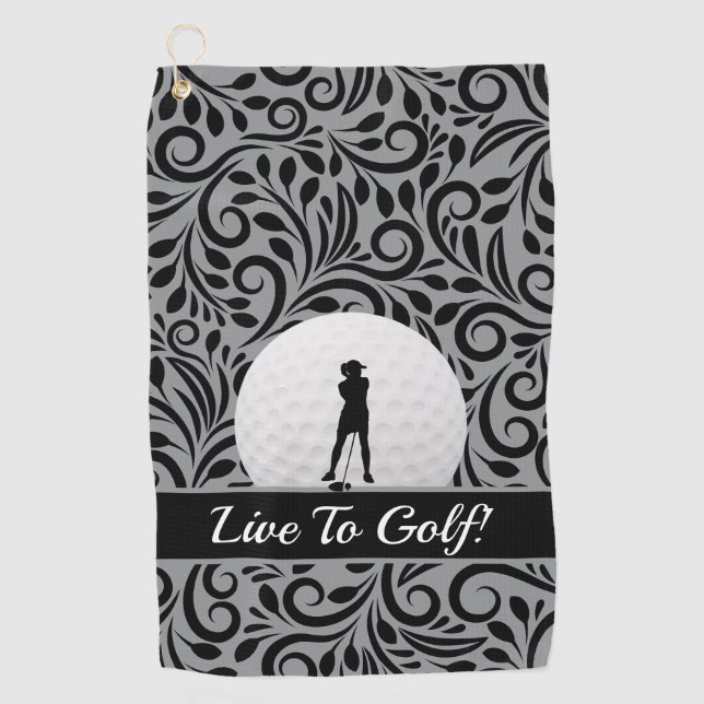 Custom Template Golfer Elegant Lady Black Gray Golf Towel (Front)