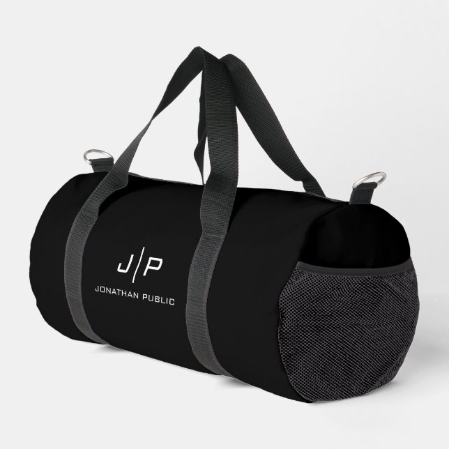 Custom Template Monogram Initial Letter Black Duffle Bag (Right Corner)