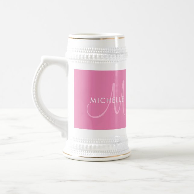 Custom Template Names Initial Monogram Pink White Beer Stein (Left)