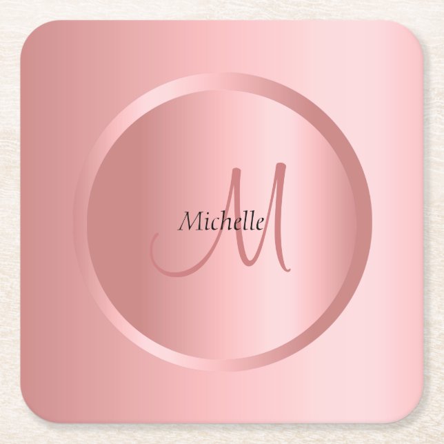 Custom Template Rose Gold Monogram Elegant Square Paper Coaster (Front)