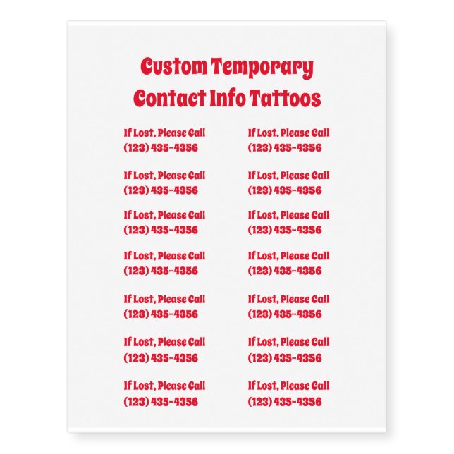 Custom Temporary Contact Info Temporary Tattoos (Front)