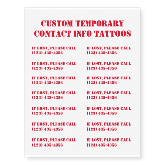 Custom Temporary Contact Info Temporary Tattoos (Front)