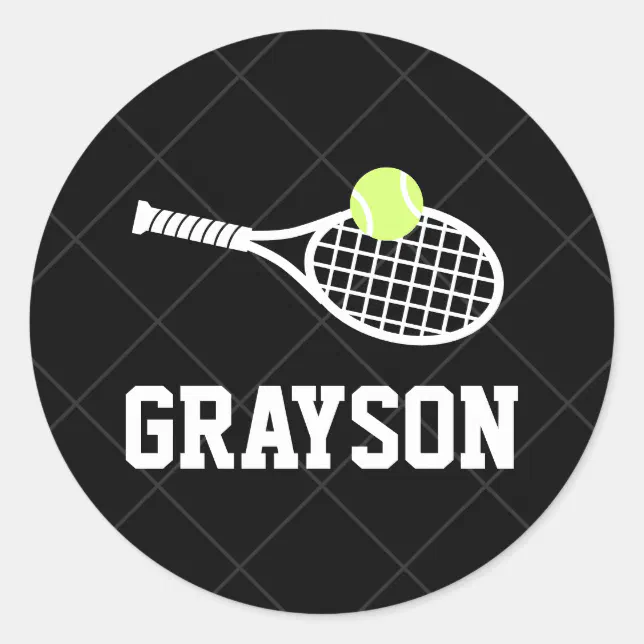 Custom Tennis Ball Racket Logo Black Name Classic Round Sticker Zazzle