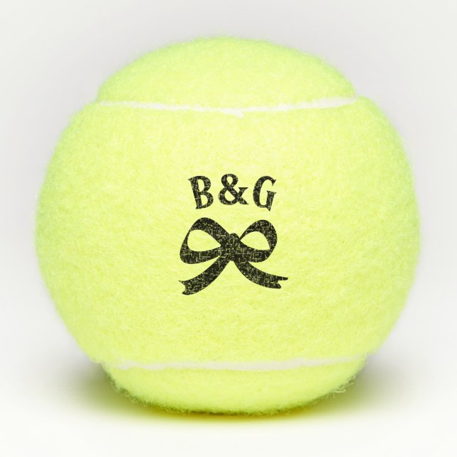 Custom tennis balls with wedding monogram and bow (Front)