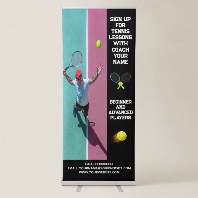Custom Tennis Coach Coaching Class Lessons Black Retractable Banner (Front)