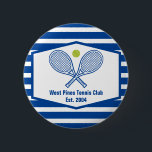 Custom Tennis Country Club Blue Striped Button<br><div class="desc">This classy modern country club button features tennis rackets and a ball above your tennis team name and established date. Blue and white striped can coolers for your tennis players and country club members.</div>
