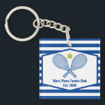 Custom Tennis Country Club Blue Striped Keychain<br><div class="desc">This classy modern country club keychain features tennis rackets and a ball above your tennis team name and established date. Blue and white striped gifts for your tennis players and country club members.</div>