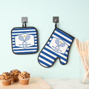 Custom Tennis Country Club Blue Striped Oven Mitt & Pot Holder Set
