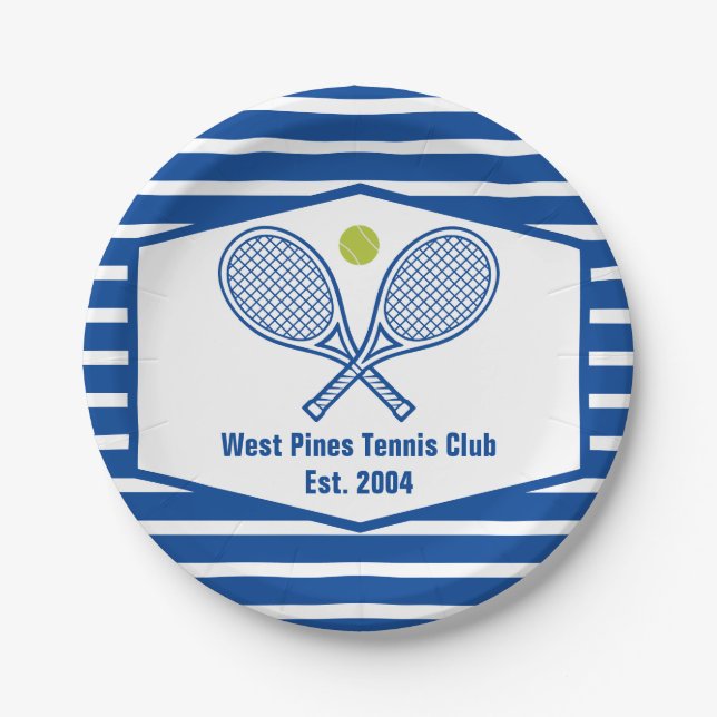 Custom Tennis Country Club Blue Striped Paper Plates (Front)