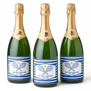 Custom Tennis Country Club Blue Striped Sparkling Wine Label