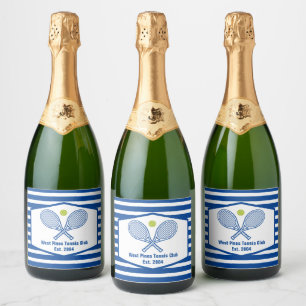 Custom Tennis Country Club Blue Striped Sparkling Wine Label