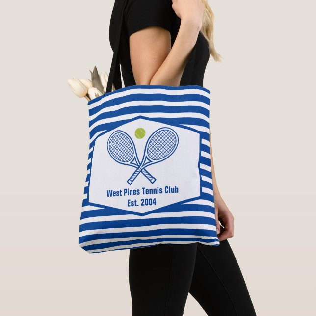 Custom Tennis Country Club Blue Striped Tote Bag (Close Up)