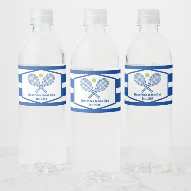 Custom Tennis Country Club Blue Striped Water Bottle Label (Bottles)