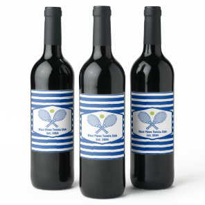 Custom Tennis Country Club Blue Striped Wine Label