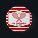 Custom Tennis Country Club Red Striped Button<br><div class="desc">This classy modern country club button features tennis rackets and a ball above your tennis team name and established date. Red and white striped can coolers for your tennis players and country club members.</div>
