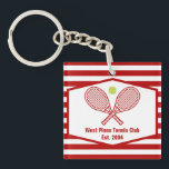 Custom Tennis Country Club Red Striped Keychain<br><div class="desc">This classy modern country club keychain features tennis rackets and a ball above your tennis team name and established date. Red and white striped gifts for your tennis players and country club members.</div>