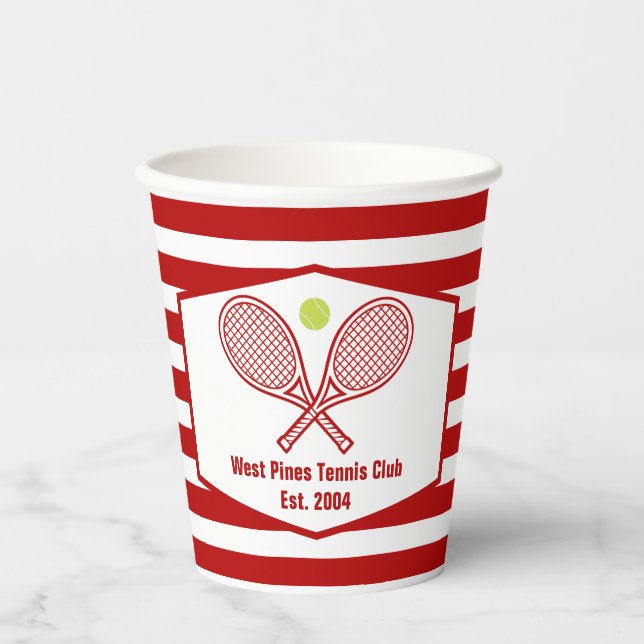 Custom Tennis Country Club Red Striped Paper Cups (Front)