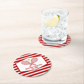 Custom Tennis Country Club Red Striped Round Paper Coaster