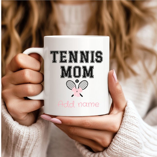 Custom Tennis Mom with Pink Bow & Rackets Coffee Mug (Creator Uploaded)