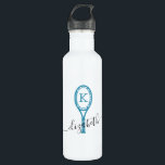 Custom Tennis Personalized Water Bottle White Blue<br><div class="desc">White Metal Travel Water Bottle with a teal blue and white Tennis Racket Monogram Design Personalized with your initial and name in an elegant script font. Change the fonts and colors to design your own tennis team player custom water bottle by clicking 'customize further' under the personalization area.</div>