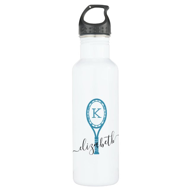 Custom Tennis Personalized Water Bottle White Blue (Front)
