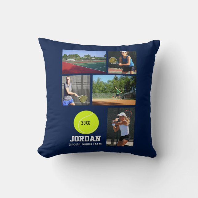 Custom Tennis Photo Collage Name Team Year Throw Pillow (Front)