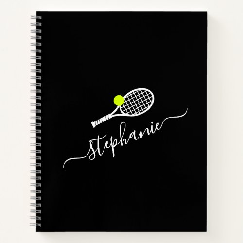 Custom Tennis Racket Monogram Name Black Notebook