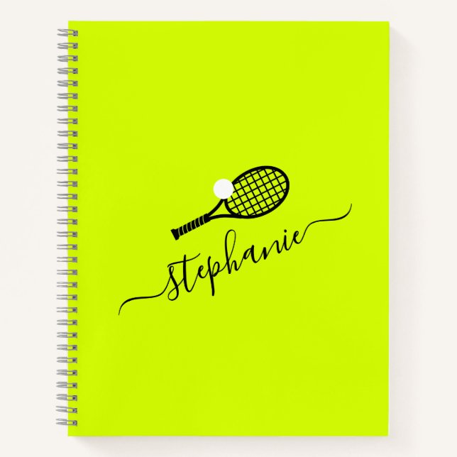 Custom Tennis Racket Monogram Name Yellow Notebook (Front)