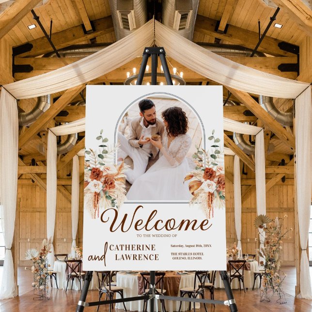 Custom Terracotta Boho Photo Wedding Welcome Sign (Unique bohemian wedding decor! 💍 #CustomizableSign)