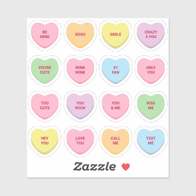 Custom text 16 Valentine's Day conversation hearts Sticker (Sheet)