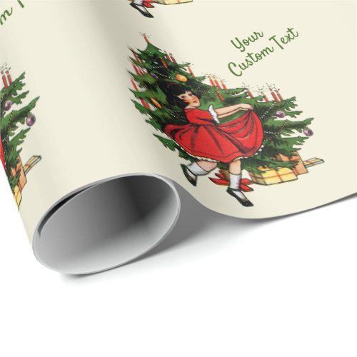 Custom Text 1950s Vintage Girl with Christmas Tree Wrapping Paper