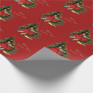 Custom Text 1950s Vintage Girl with Christmas Tree Wrapping Paper
