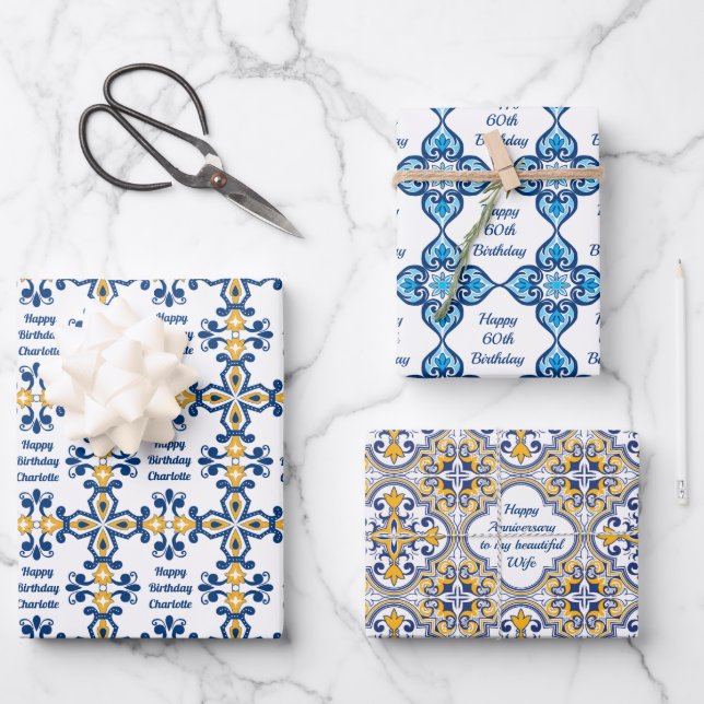 Custom text 💙💛 3 Blue and yellow Azulejos, Wrapping Paper Sheets (Front)
