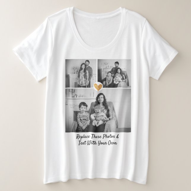 Custom Text / 3 Photos Gold Heart Black/White Plus Size T-Shirt (Design Front)