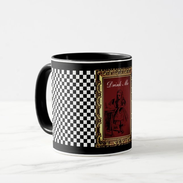 Custom Text Alice in Wonderland Checked Drink Me Mug (Front Left)